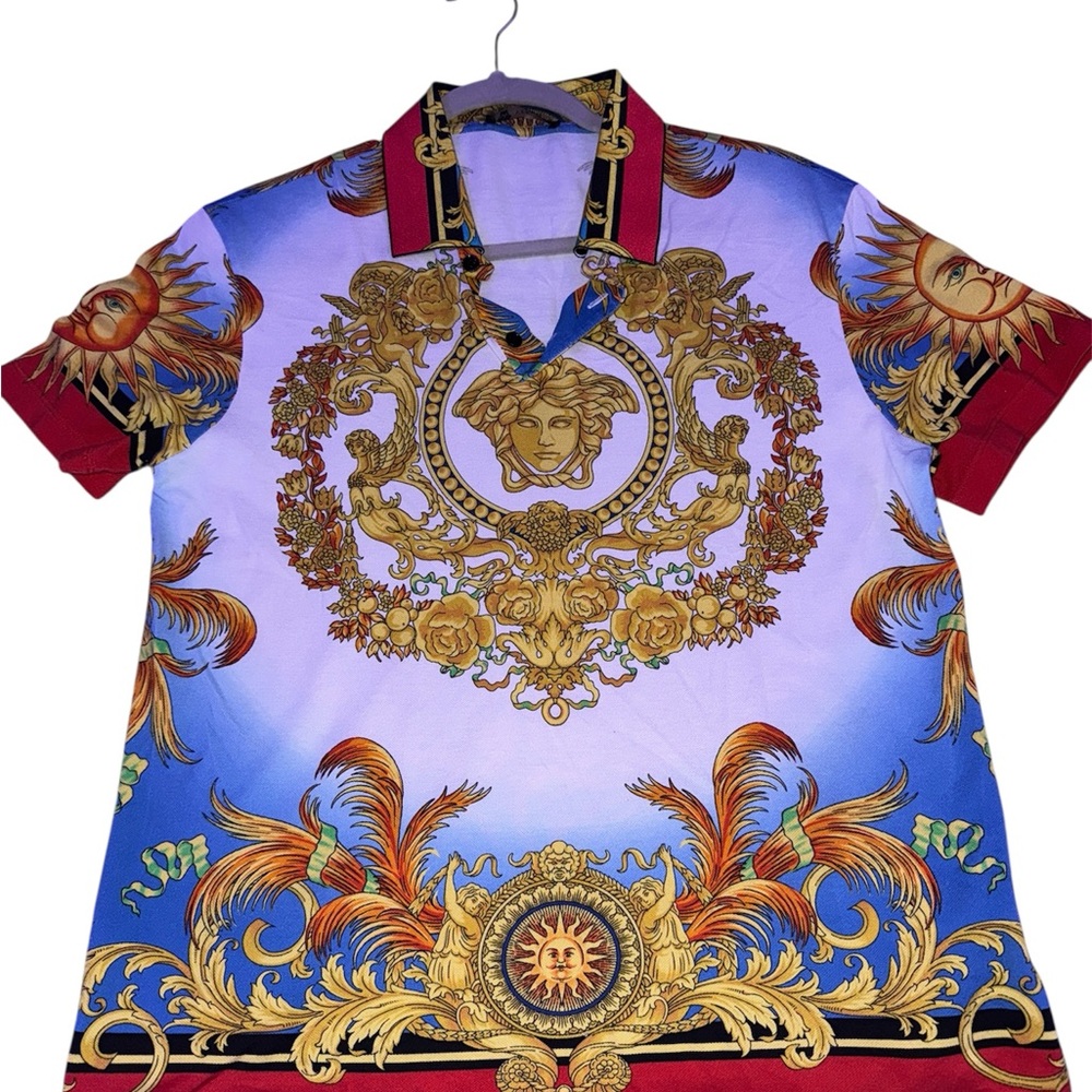 Versace Gold and Blue Baroque Polo Shirt